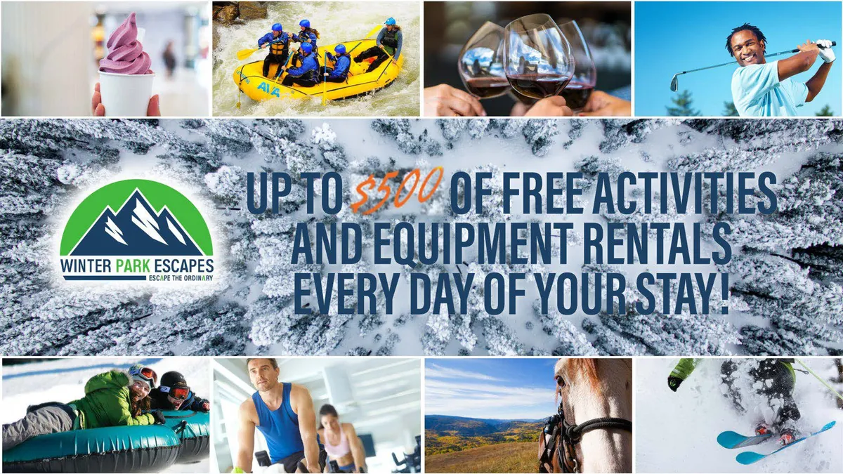 A vibrant collage of outdoor adventure activities, including whitewater rafting down a rushing river, skiers and snowboarders descending snowy slopes, golf outings, wine tasting, horseback riding, and families enjoying the snow. The mix of seasonal sports and fun group outings conveys an energetic, year-round spirit of adventure.