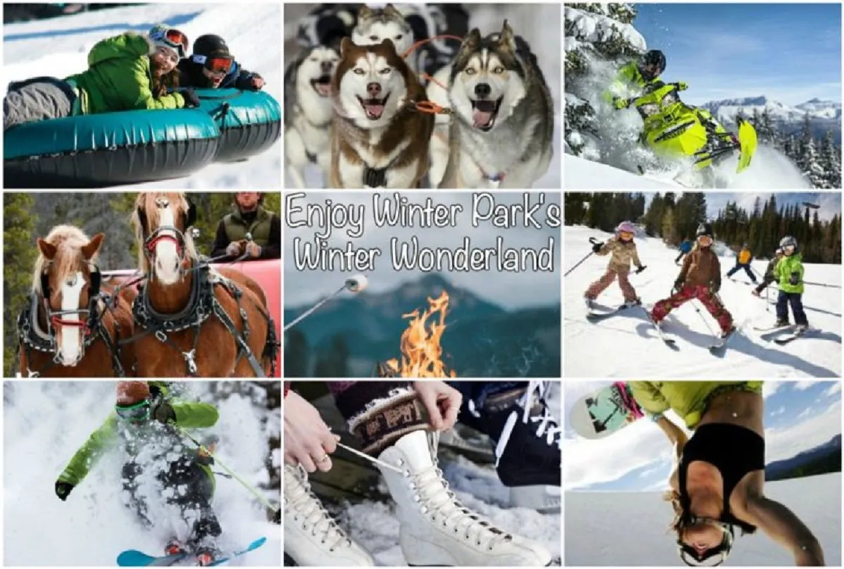 An energetic winter scene featuring people snow tubing down hills, huskies ready for dog sledding, snowmobiles in action, horses waiting near a campfire, and families enjoying a cozy fire after a day of winter sports. The snowy landscape is alive with movement and excitement, perfectly illustrating a range of memorable winter experiences.