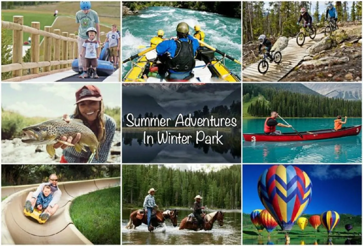 A lively outdoor scene with families engaging in rafting on a river, biking along scenic trails, fishing, kayaking, and enjoying water slides and even hot air balloon rides. The lush greenery and clear water highlight the excitement and joy of summertime mountain adventures.